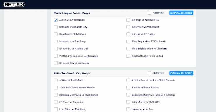 An image of the betting screen from BetUS, a popular online sportsbook for MLS betting odds.